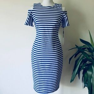 Ruffled Sleeved Striped Cold Shoulder Bodycon